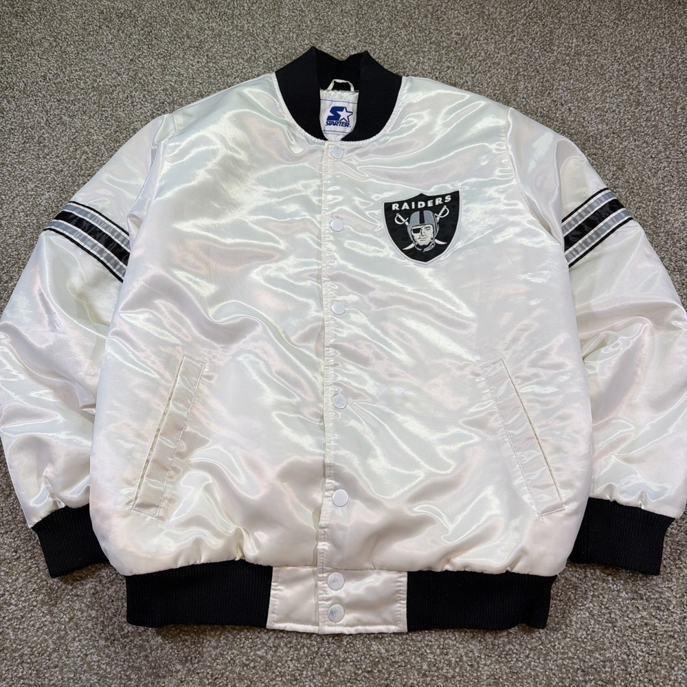 Vintage Oakland Raiders Starter Satin Jacket Bomber White Sewn Large 90s